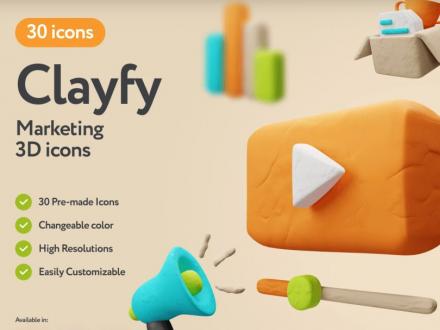 高质量橡皮泥粘土风创意卡通企业商务元素3D图标素材合辑 Clayfy Marketing 3D Icons